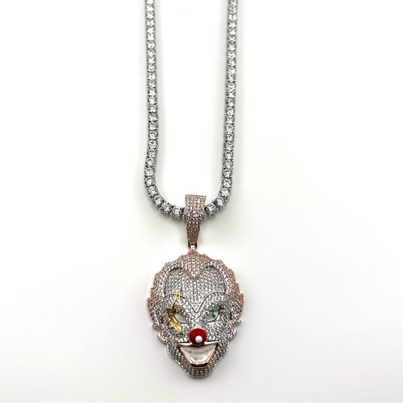 Iced out 14K White Gold Plated over Brass Clown Necklace - Picture 1 of 8